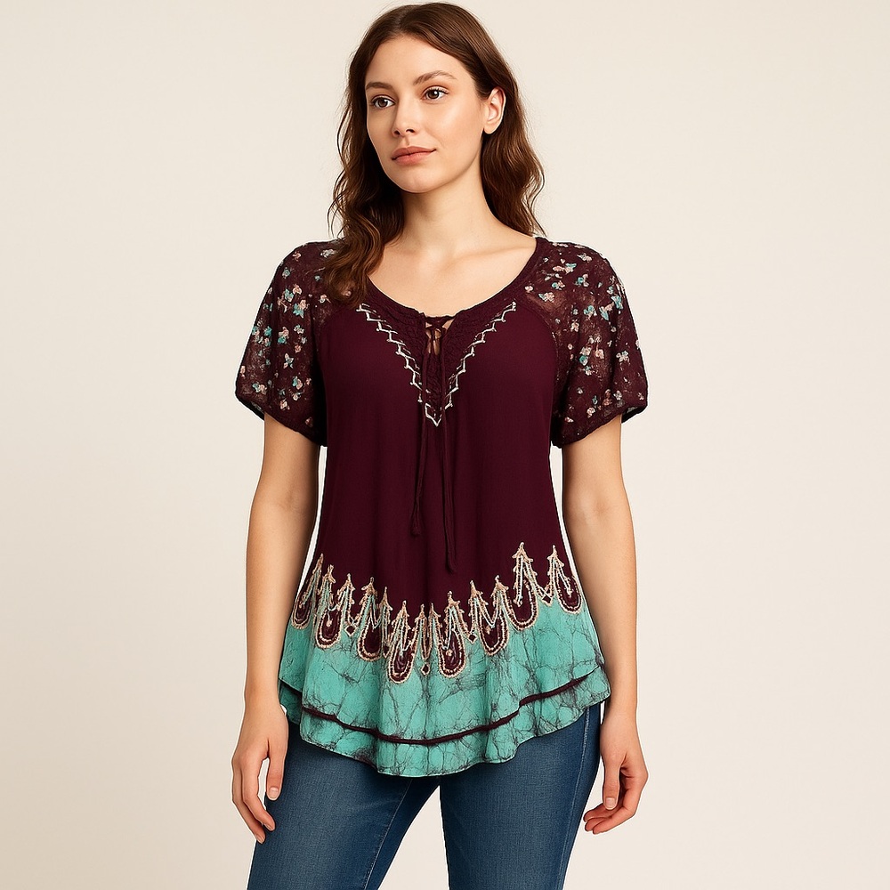 🌺‎ Sakkas Boho Peasant Top Tie-Dye Embroidered FREE SIZE